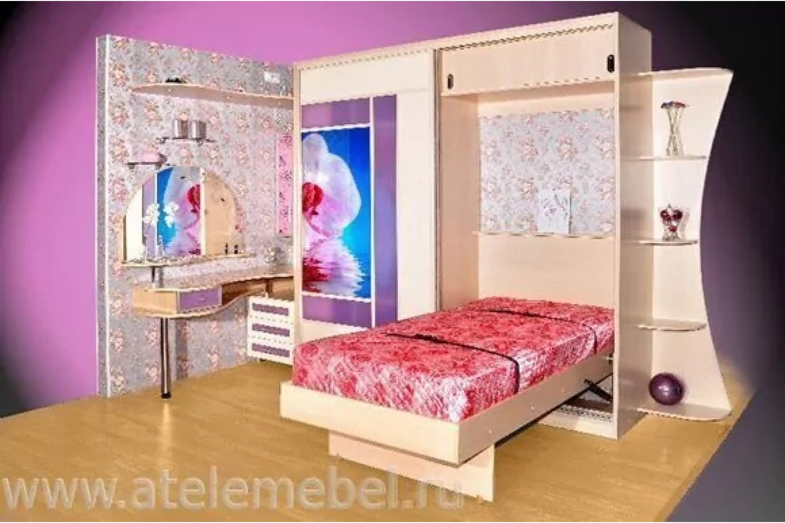 Откидная шкаф-кровать со столом розовая