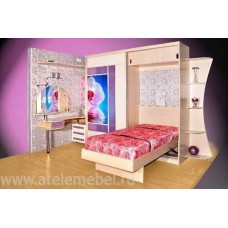 Откидная шкаф-кровать со столом розовая