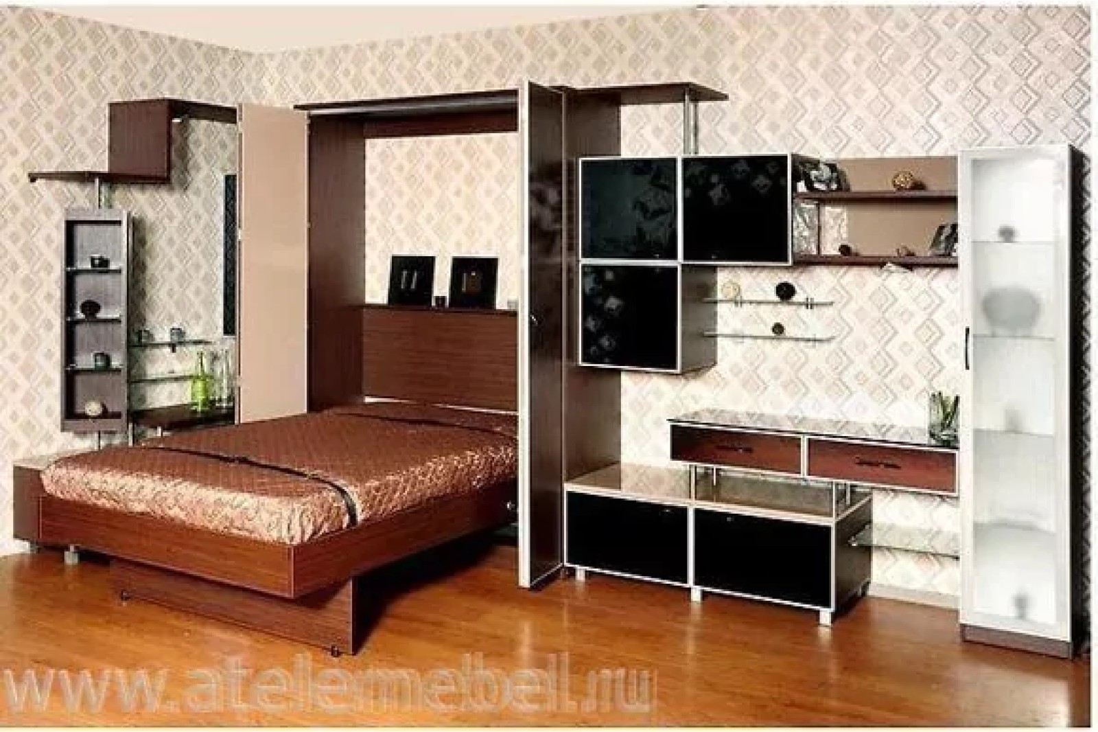 Откидная шкаф-кровать темное дерево